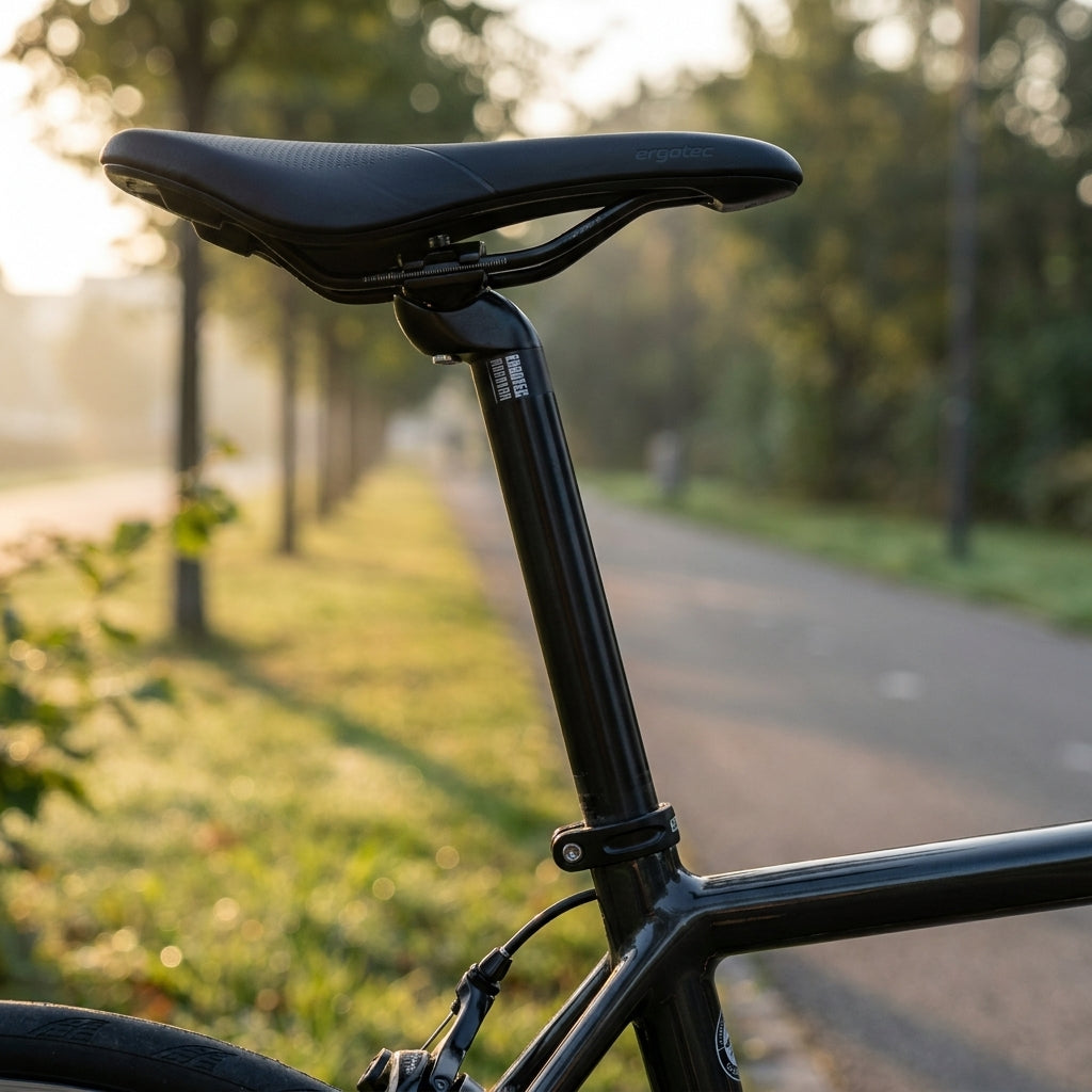 Hochwertige schwarze Ergotec Patentsattelstütze 30,8mm 350mm aus Alu am Fahrrad montiert.