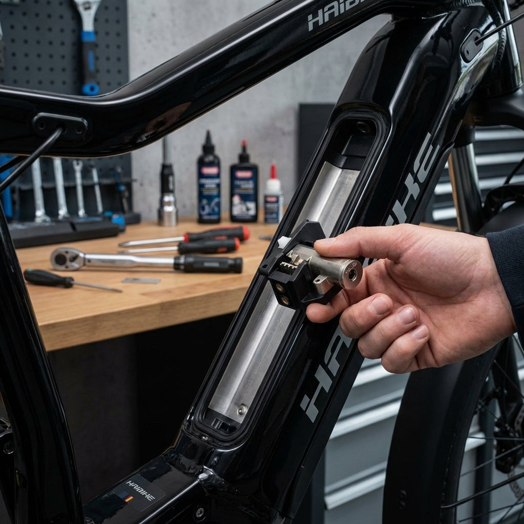 Hand setzt ABUS Schlosszylinder für Haibike E-Bike Intube Akku in den Rahmen ein.