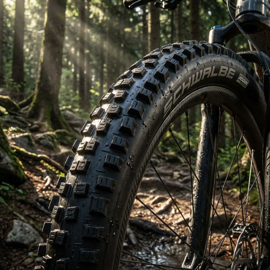 Schwalbe Nobby Nic 29x2.25" schwarzer Reifen auf nassem Waldweg, robustes Profil, E-50 faltbar.