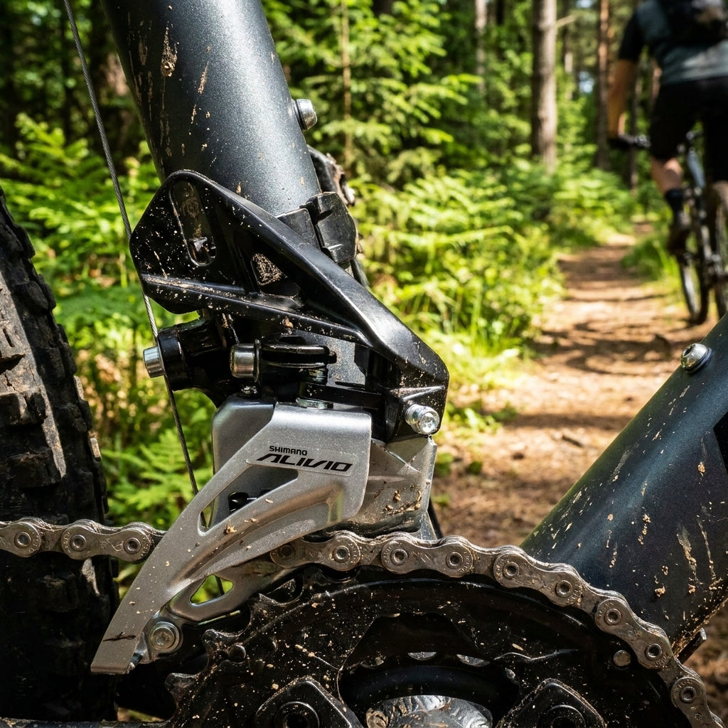 SHIMANO ALIVIO FD-M3120 2-fach MTB Umwerfer Direktmontage schlammig auf dem Trail für präzise Schaltperformance.