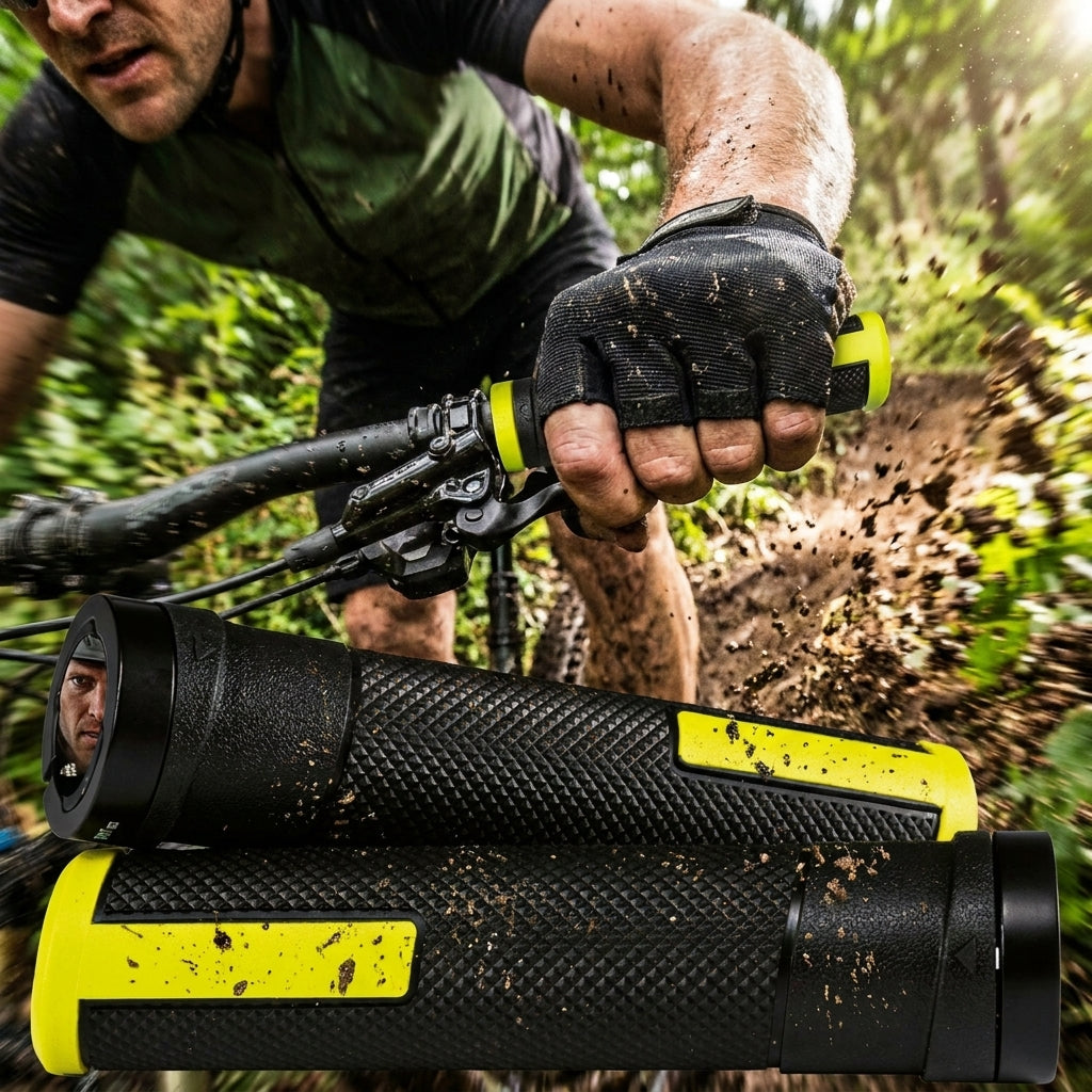 Ergotec MTB-ATB-Griffe Porto Kraton/Alu sw/gelb 133mm, schlammige Griffe am Mountainbike in Aktion auf Trail.