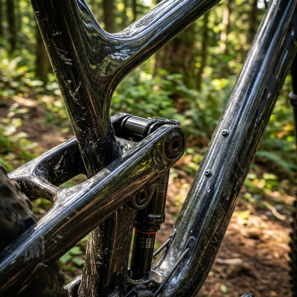 Rockshox Dämpfer-Einbausatz 8x51.95 an schmutzigem Mountainbike-Hinterbau mit Federung im Wald.