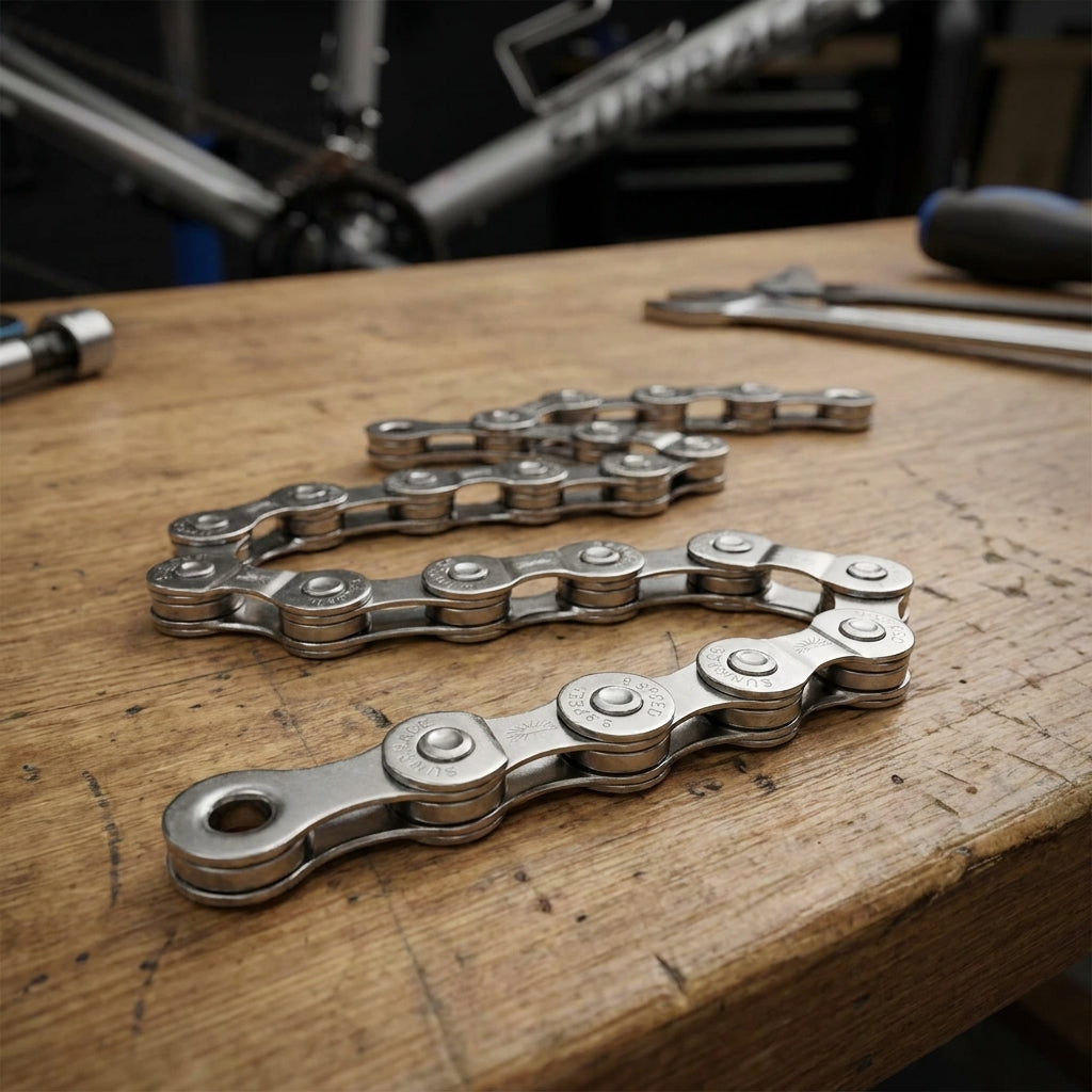 Sunrace CNM94 9-fach Fahrradkette aus silbernem Metall auf einem Holztisch in einer Werkstatt.