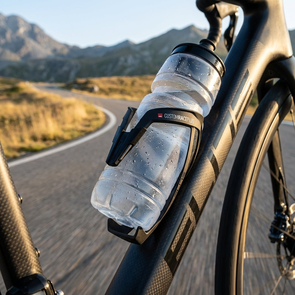 Elite Trinkflaschenhalter CustomRacePlus Skin schwarz soft touch am Rennrad mit Flasche auf Bergstraße.