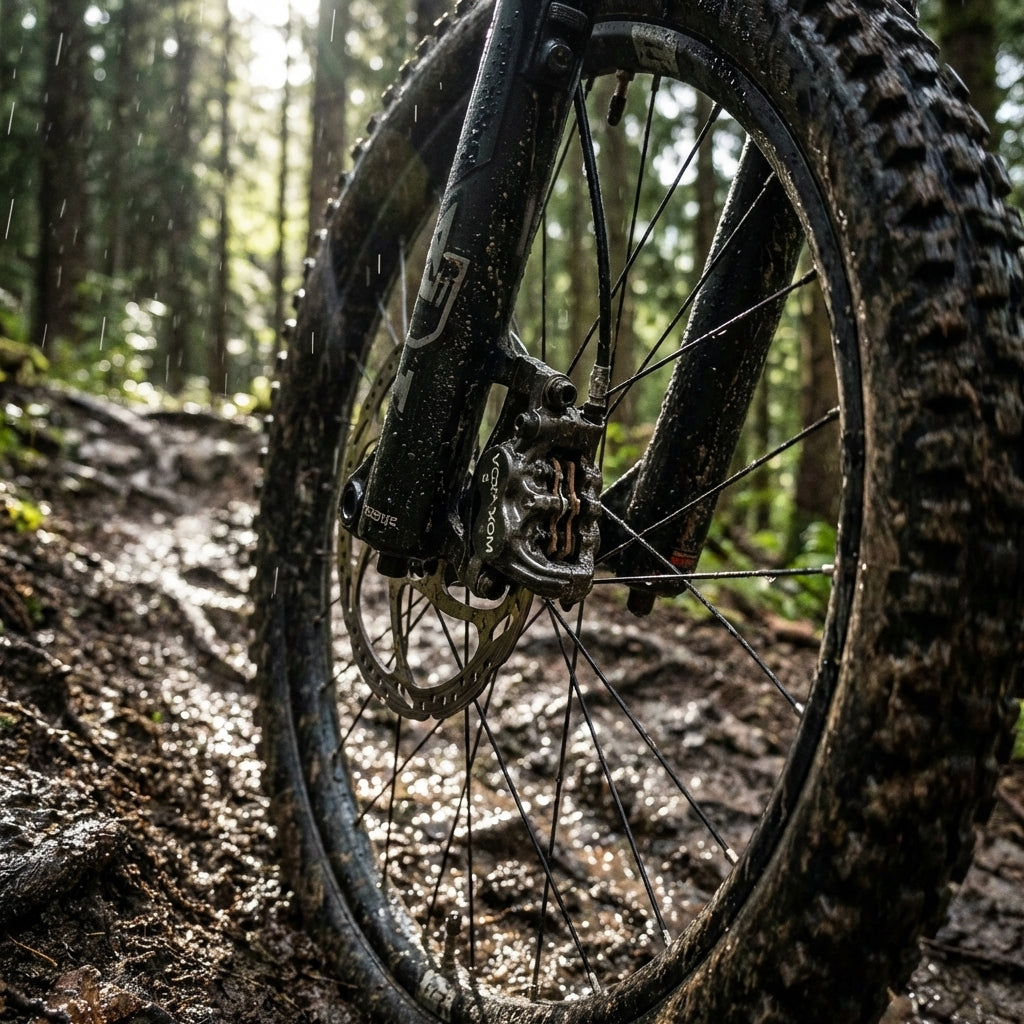 Schlammiges Mountainbike-Vorderrad mit Voxom Scheibenbremsbelägen (Magura MT7) im Wald bei Regen.
