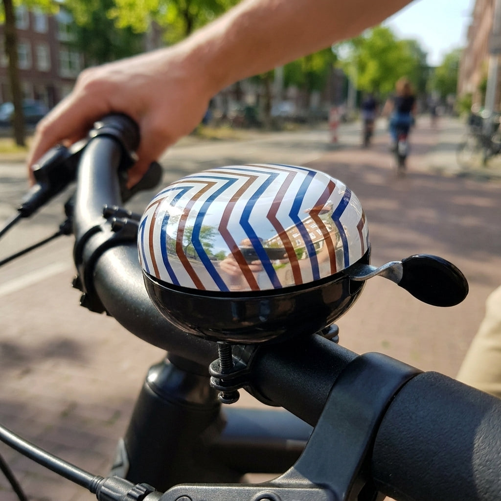 XLC Fahrradklingel Mingun DD-M09 Stripes Ø83mm, glänzend blau-braun-weiß gestreift am Lenker.