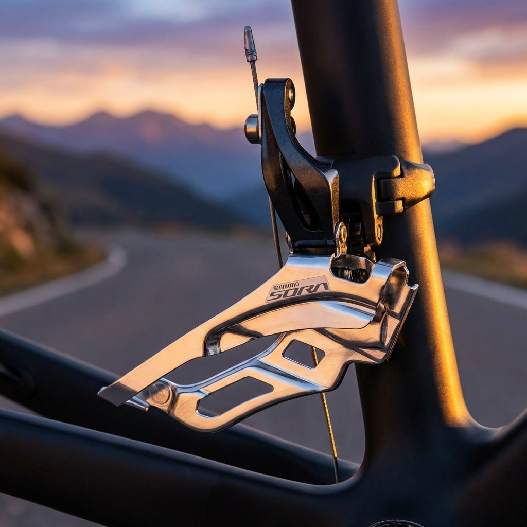 SHIMANO SORA FD-R3030 9-fach Umwerfer Anlöt an schwarzem Rennrad-Rahmen vor Bergkulisse bei Sonnenuntergang.