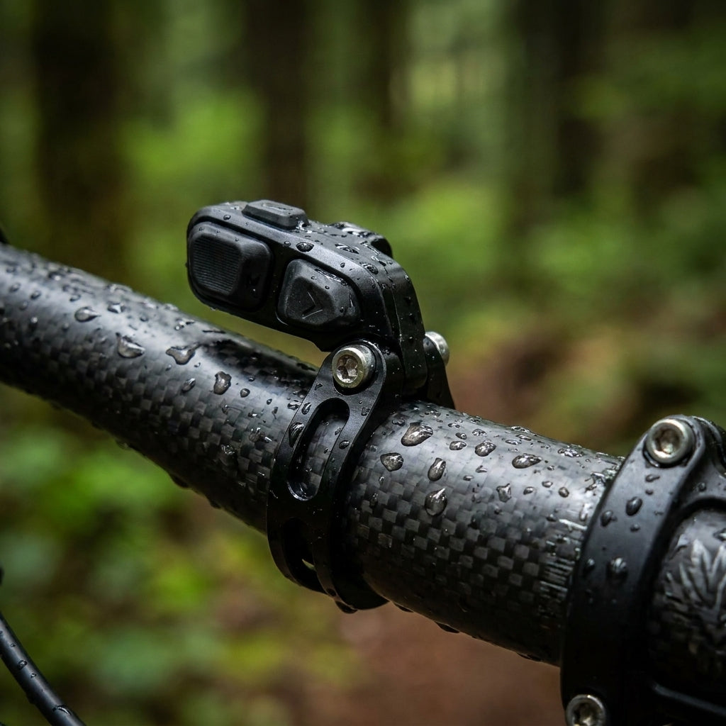 SRAM AXS Eagle Funk-Schaltbedienung: ergonomischer Controller mit Wassertropfen auf Carbon-Lenker im Wald.