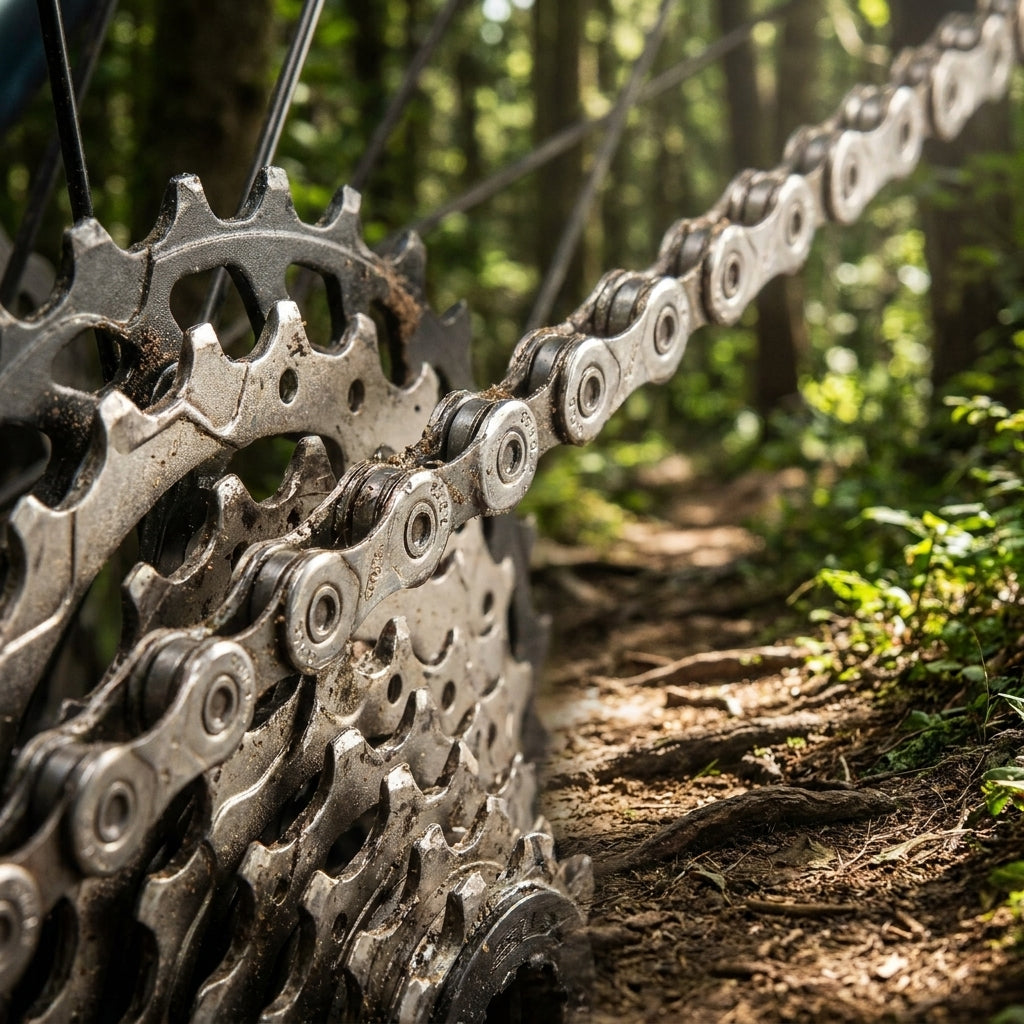 SHIMANO SLX CN-M7100 12-fach Kette und Kassette, schmutzig vom Mountainbike-Trail.