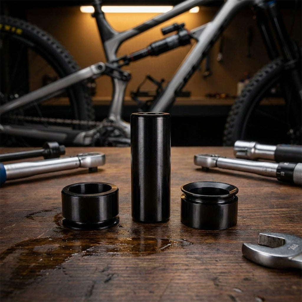 RockShox 3-teiliges Dämpfer Montagematerial Standard 8x31.75 schwarz auf Werkbank mit Fahrrad und Werkzeugen.