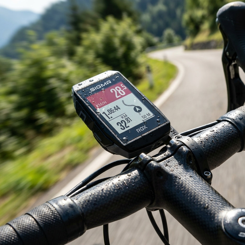 Sigma Tacho ROX 11.1 Evo schwarz auf Fahrradlenker, nass, mit Bergstraße im Hintergrund.