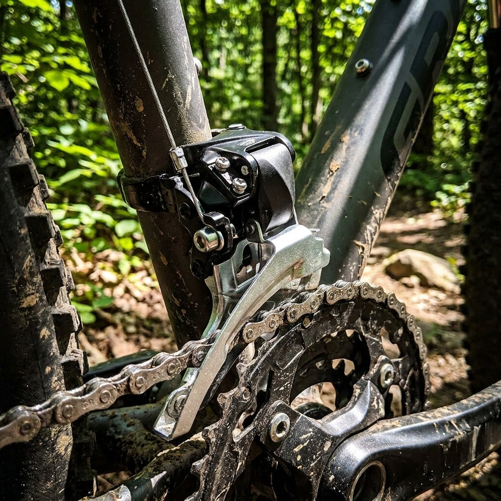 SHIMANO Umwerfer ALTUS FD-M2000 3-fach MTB Dual-Pull: Präzise Frontschaltung am schlammigen Mountainbike im Wald.