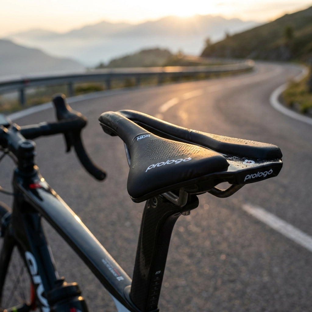 Prologo Sattel Scratch NDR 140 schwarz mit Tautropfen, auf Rennrad an kurviger Bergstraße bei Sonnenaufgang.
