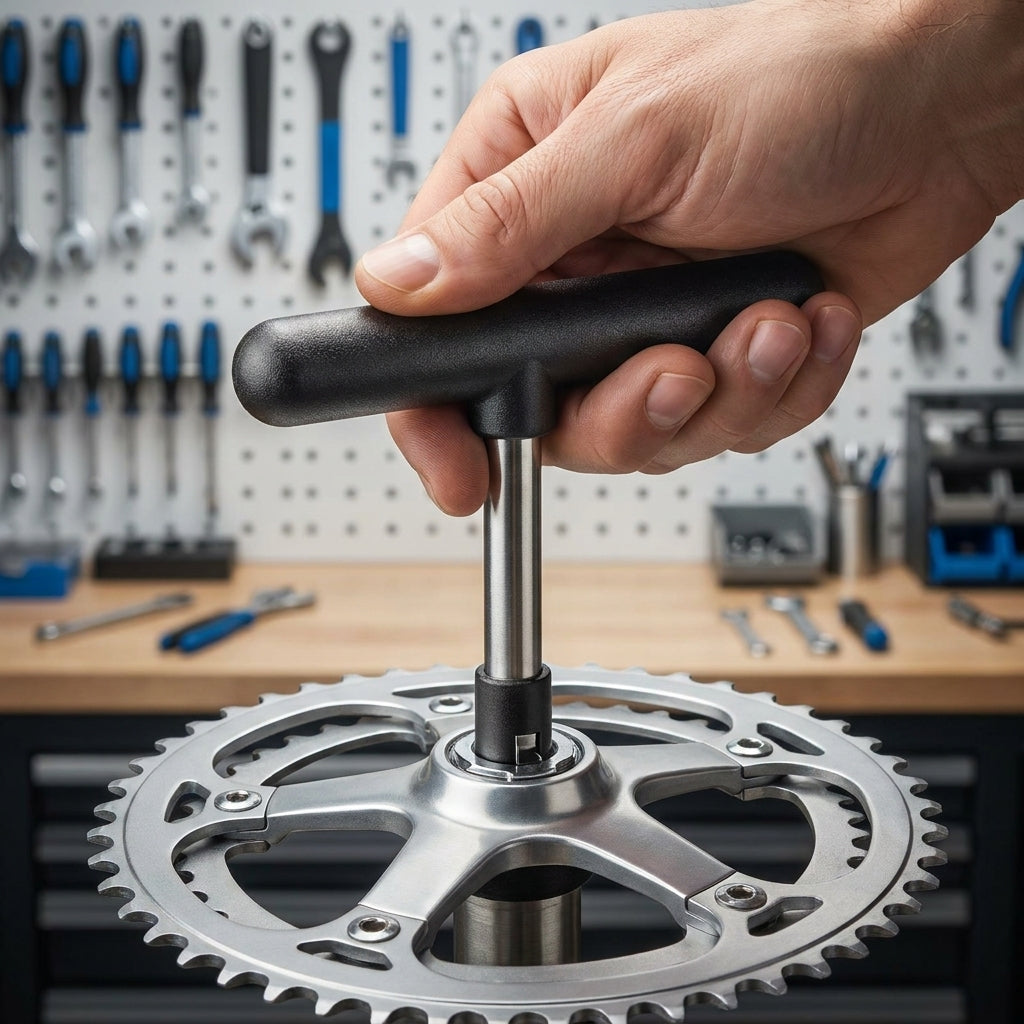 Point Schlüssel für Kettenblattmutter wird von Hand an einem Fahrrad-Kettenblatt verwendet.
