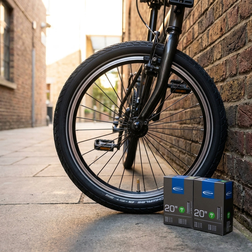 Zwei Schwalbe AV7 20 Zoll Fahrradschläuche mit Autoventil für breite Reifen, langlebig, neben Fahrradrad.