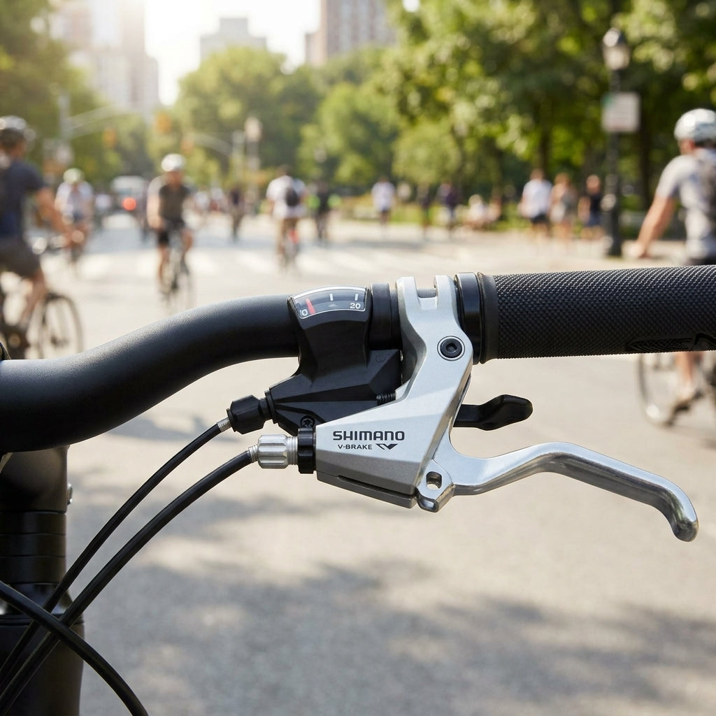 Silberner Shimano ST-M310 3-fach Links Schalt-/Bremshebel V-Brake am Fahrradlenker montiert.