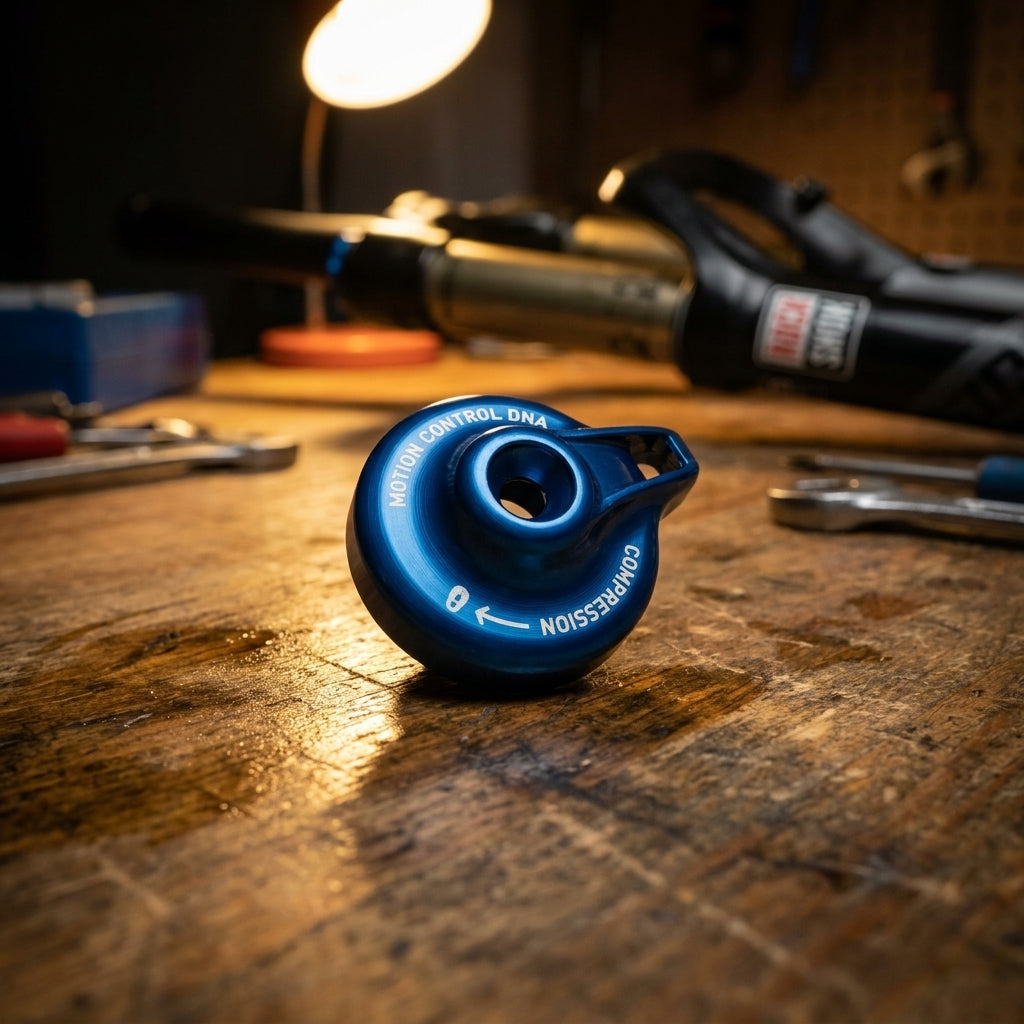 Blauer RockShox Motion Control DNA Compression Knob Kit für Fahrradgabel auf Werkbank.