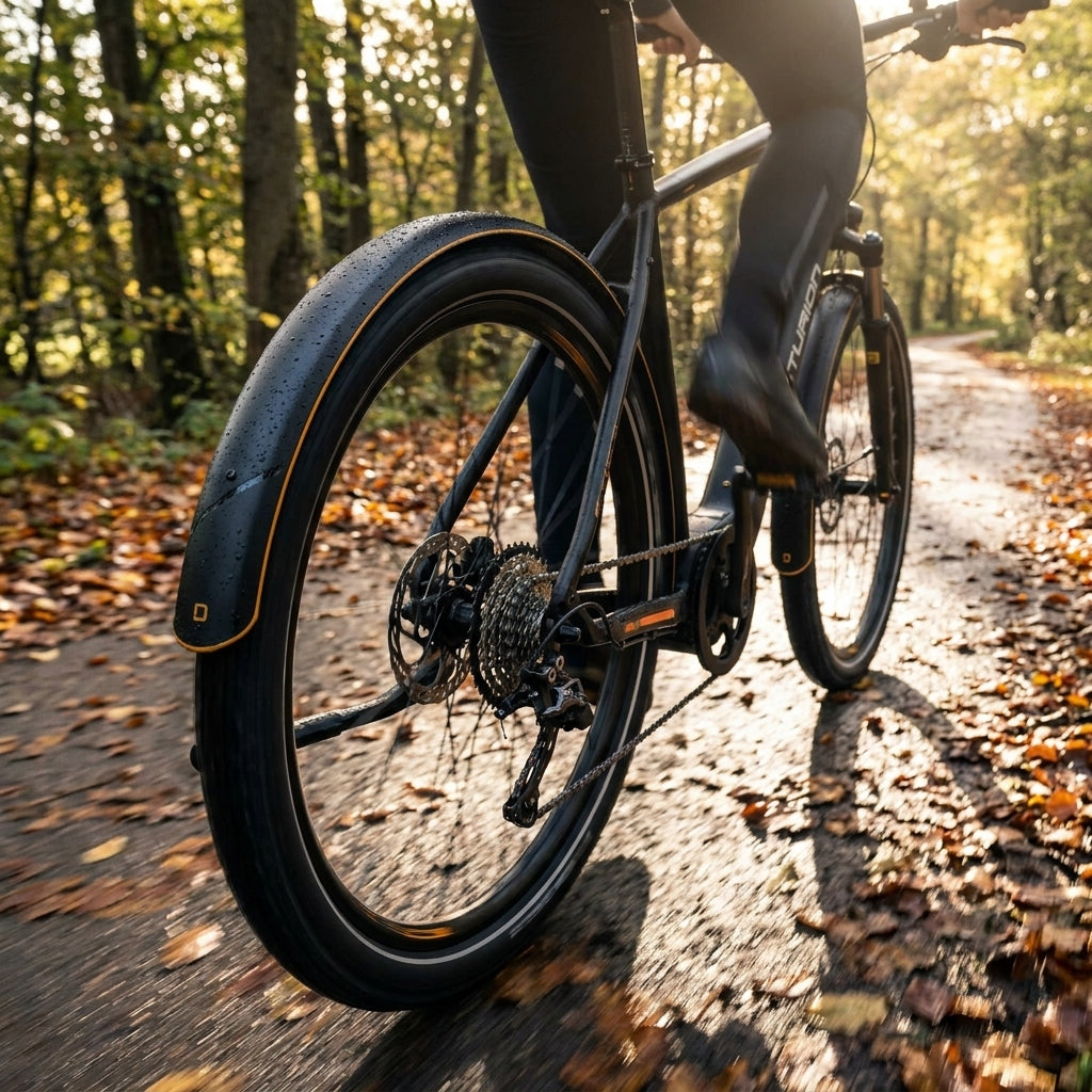Centurion Curana Ersatz-Schutzbleche schwarz 27,5" mit orangefarbenem Streifen am Fahrrad im Herbst bei Nässe.