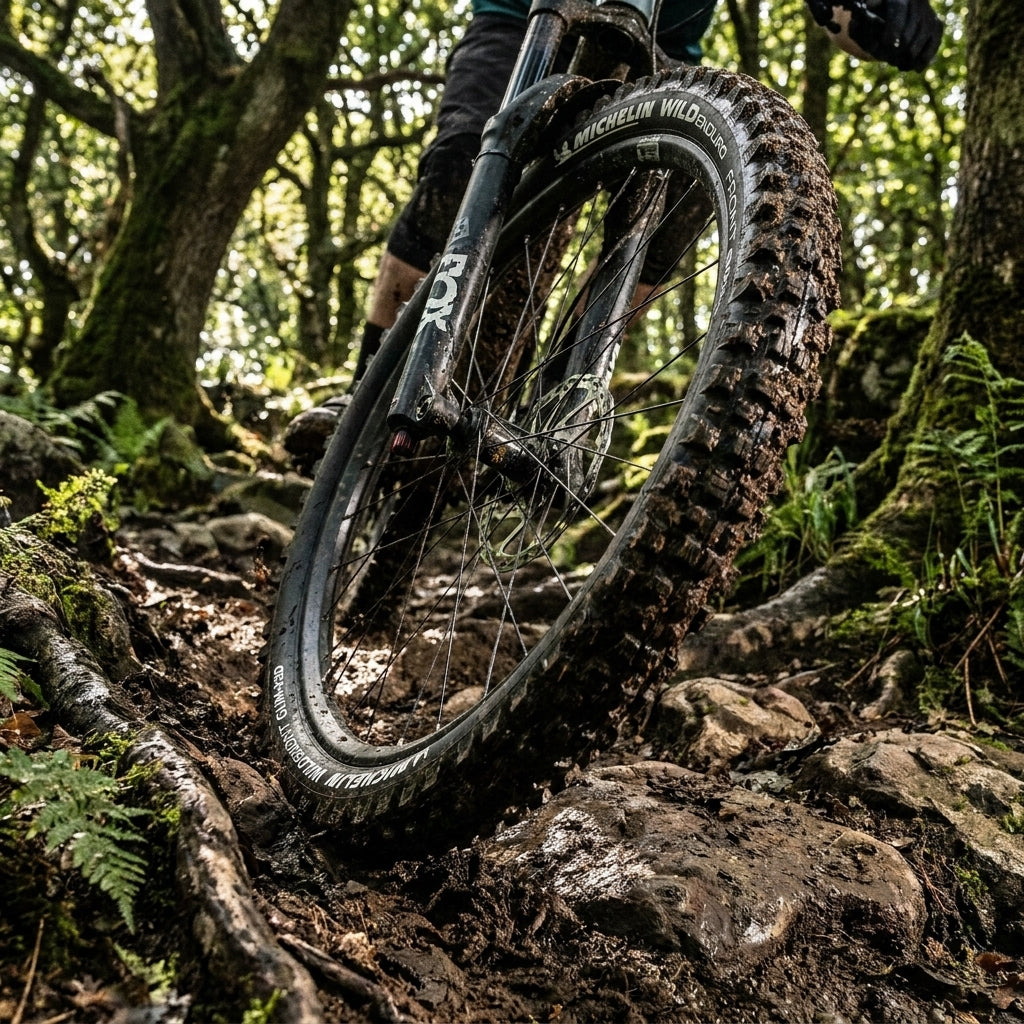 Michelin Wild Enduro Frontreifen 27.5 Zoll auf schlammigem Mountainbike-Trail im Wald.