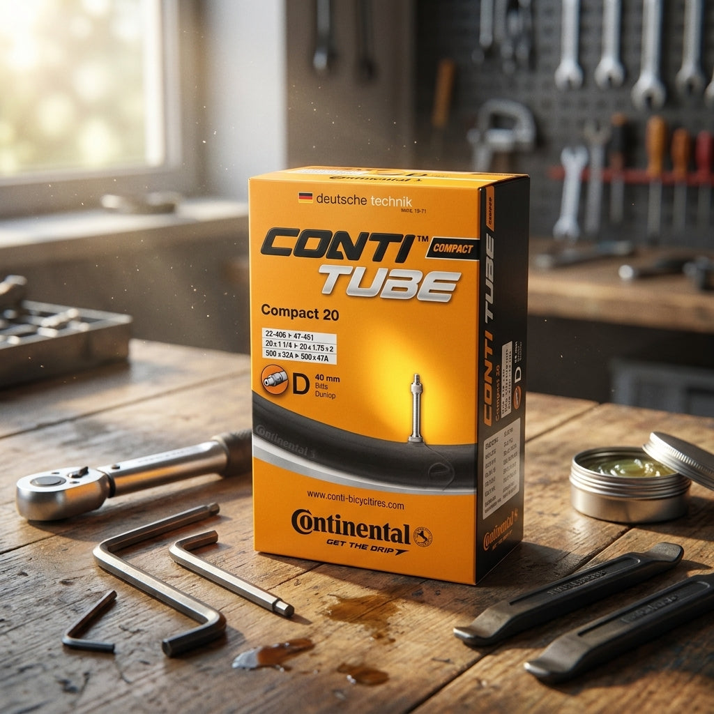 Continental Conti Compact 20 Fahrradschlauch 20x1.25-1.75 Zoll DV 40mm auf Werkbank mit Werkzeug.