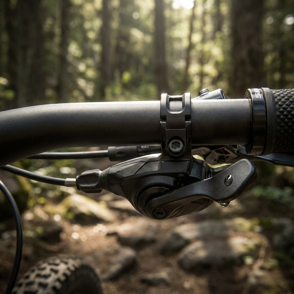 SRAM Trigger GX 2x11 11-fach Schalthebel hinten in schwarz am Mountainbike-Lenker im Wald.