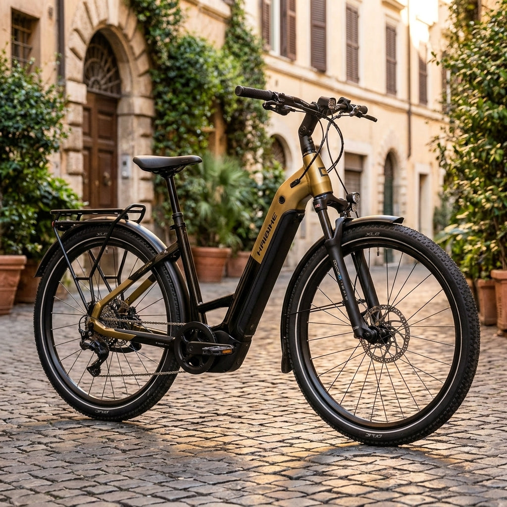 Haibike TREKKING 7.5 E-Bike gold-schwarz auf Kopfsteinpflaster vor Altstadtkulisse.