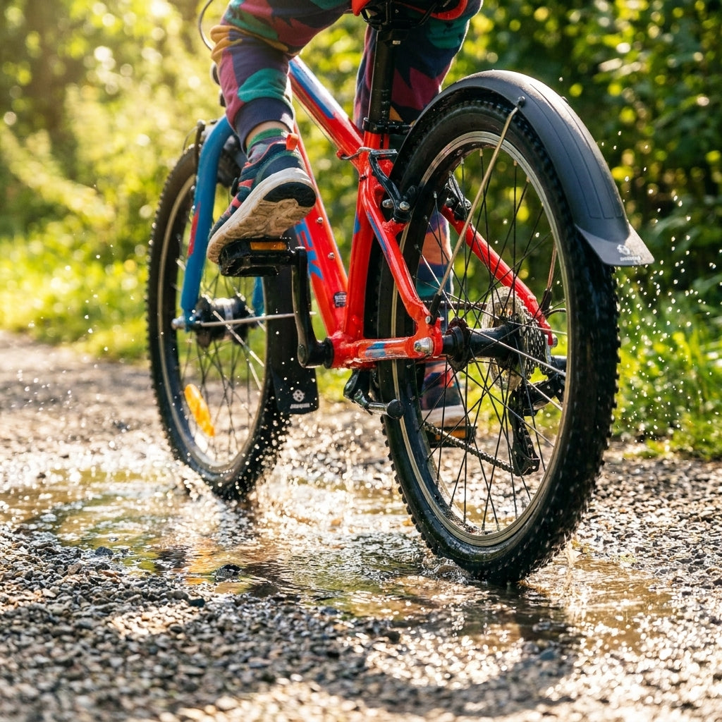 Schwarzes SKS Hightrek Junior 20" Schutzblech-Set schützt Kinderfahrrad beim Fahren durch Pfütze.