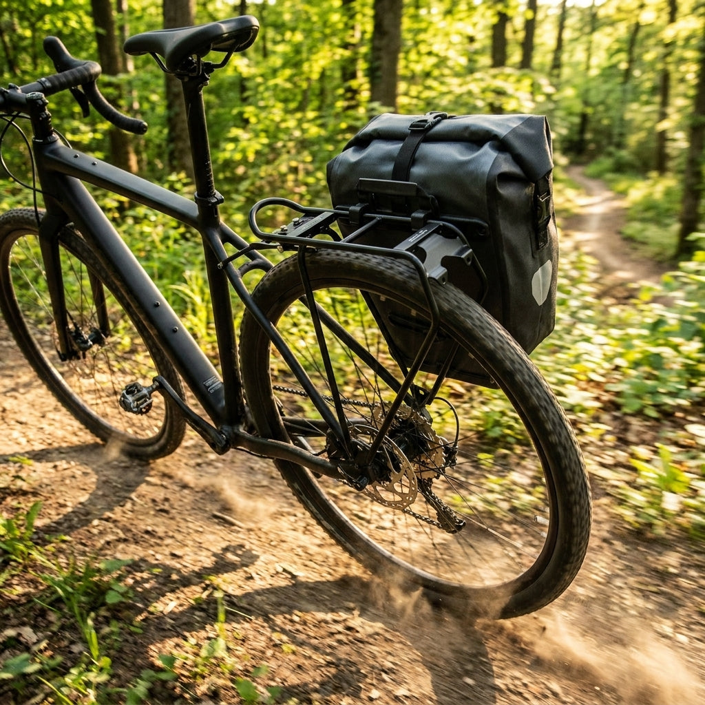 Schwarzes Fahrrad mit ultraleichtem Racktime Light-It HR-Gepäckträger auf Waldweg, Snapit-kompatibel.
