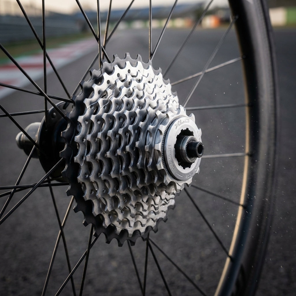 XLC 11-fach Xtralight Zahnkranz-Kassette für Campa am Fahrrad-Hinterrad auf Rennstrecke.