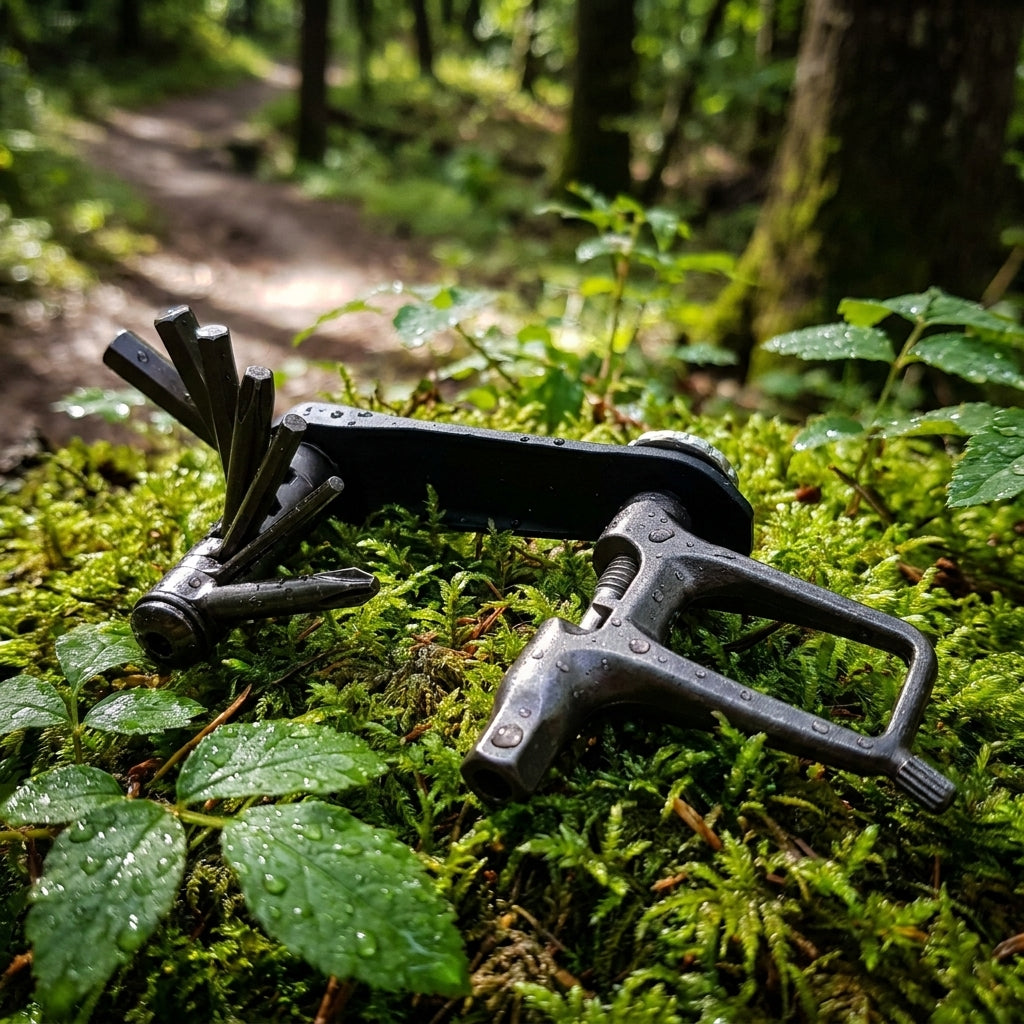 Ritchey CPR12+ Multitool auf nassem Moos im Wald. Robustes Fahrradwerkzeug für unterwegs.