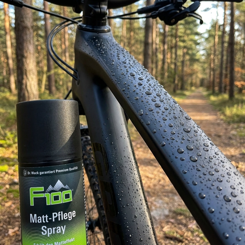 DR WACK F100 Matt-Pflege Spray 250ml auf mattem Fahrradrahmen mit Wassertropfen im Wald.