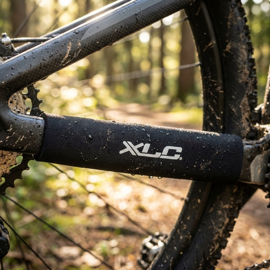XLC Kettenstrebenschutz aus schwarzem Neopren mit Klettverschluss für Mountainbikes zum Schutz vor Kettenschlägen.