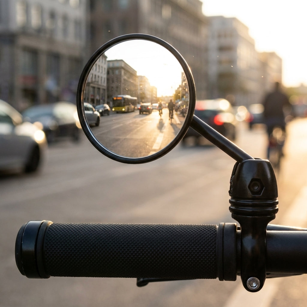 Busch&Müller Fahrradspiegel Cycle Star Ø 60mm kurze Stange am Lenker, reflektiert sonnigen Stadtverkehr.