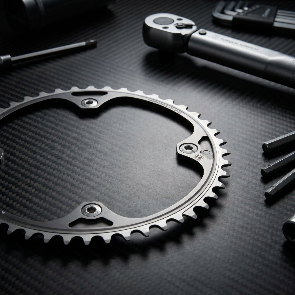 Campagnolo H11 11s Kettenblatt 39Z FC-H11039 mit Schrauben, umgeben von Fahrradwerkzeugen auf dunklem Carbon.