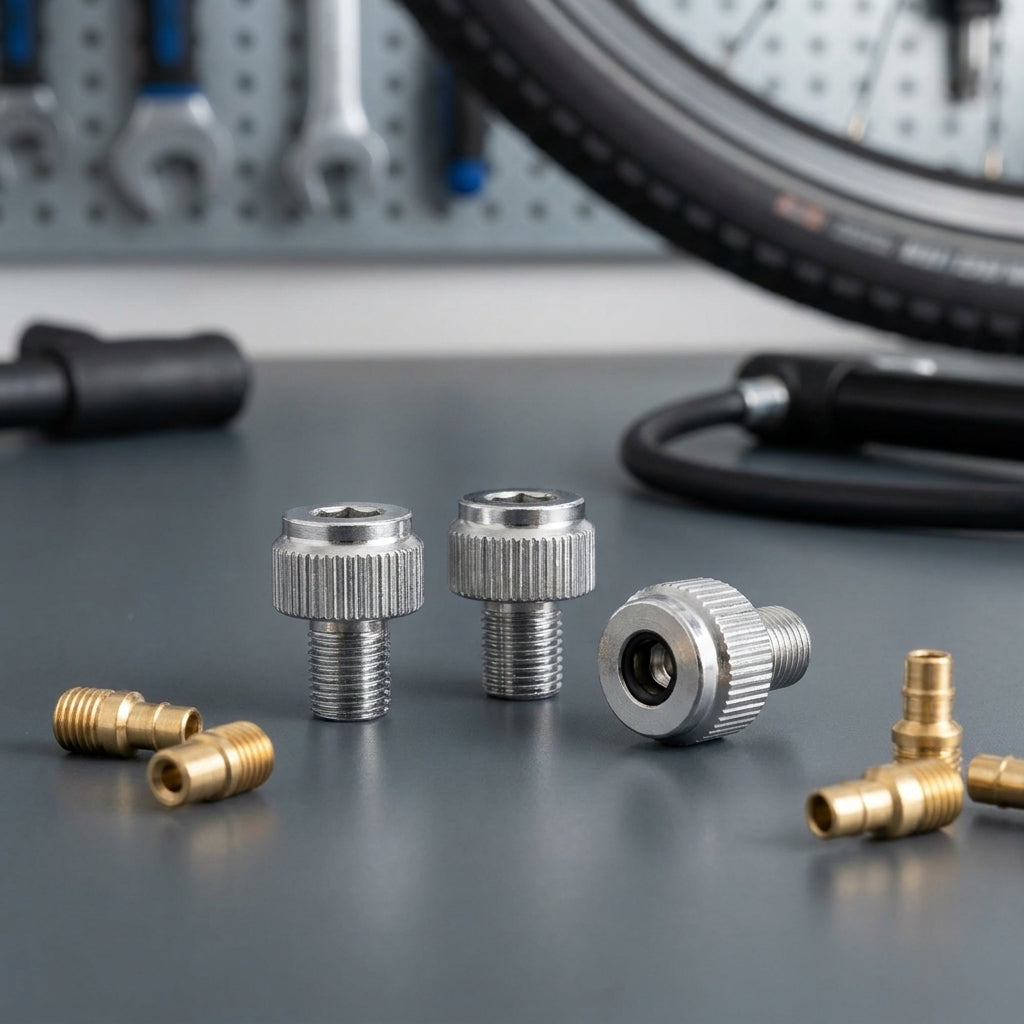 XLC Fahrrad Ventiladapter (AV auf DV/SV) und Messingadapter auf dunklem Werkstatt-Tisch.