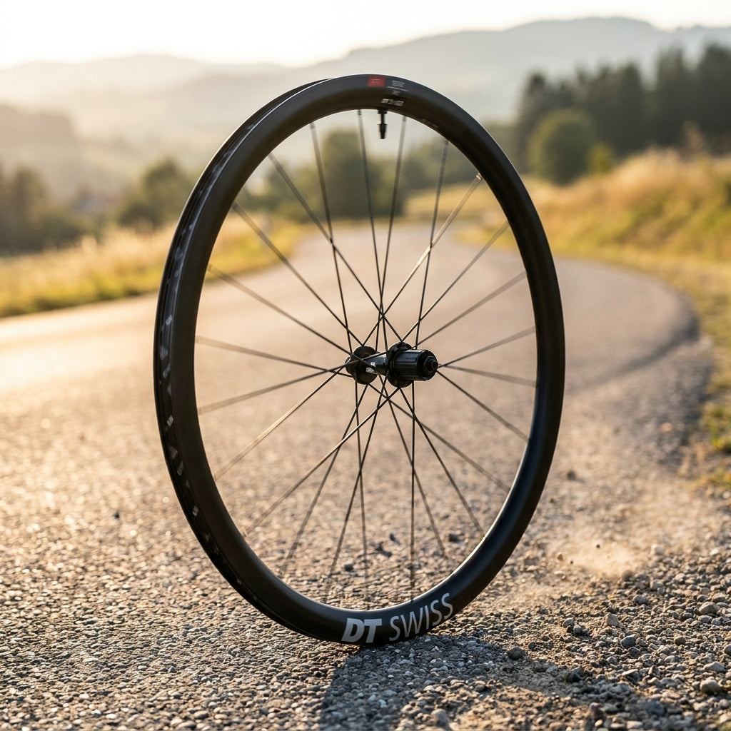 DT Swiss ERC 1100 DICUT Disc Carbon-Endurance-Vorderrad schwarz, aerodynamisch, auf Schotterweg.