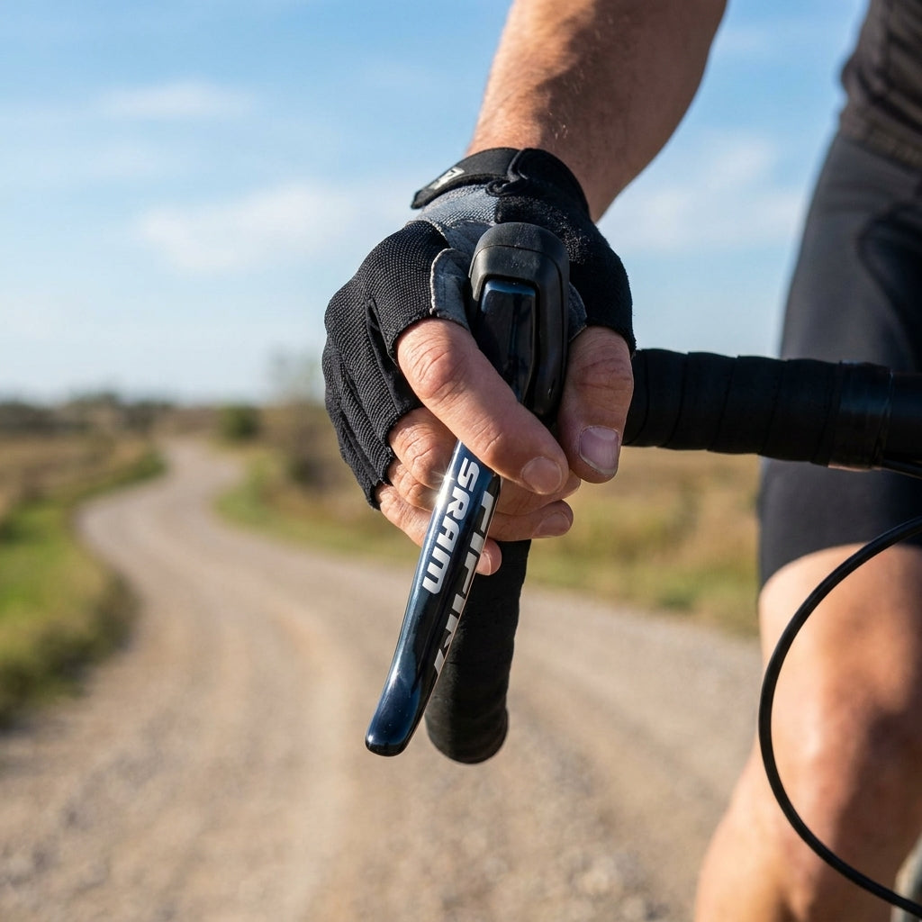 SRAM Apex 1 Schalt-/Bremshebel am Gravelbike, von Radfahrerhand gehalten, auf Schotterweg.
