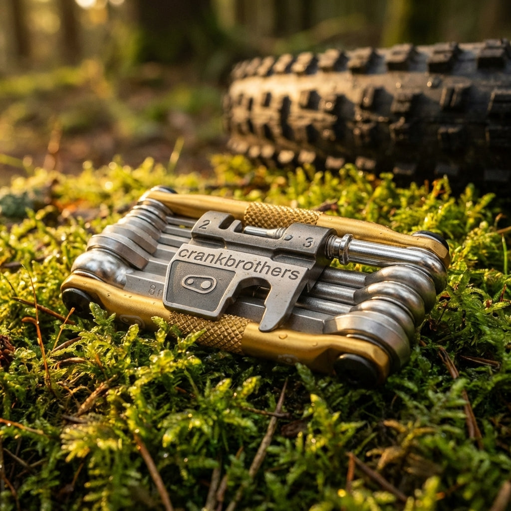 Crankbrothers Multi-17 Multitool gold auf grünem Moos, mit Fahrradreifen im unscharfen Hintergrund.