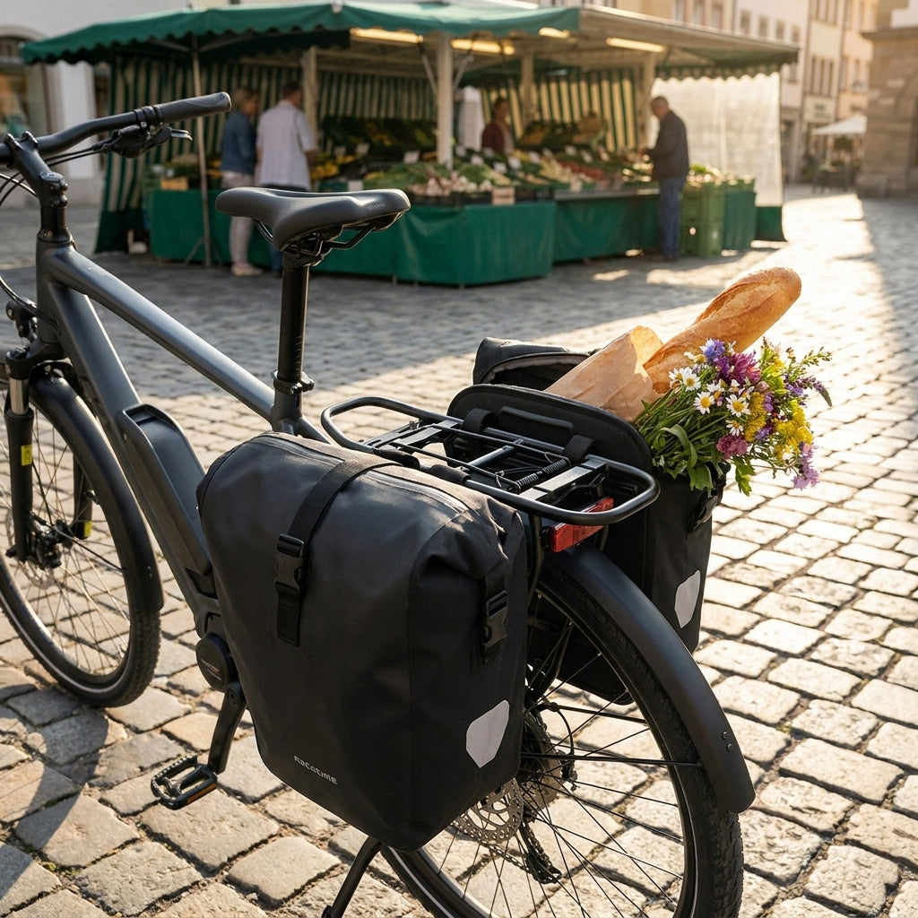 Schwarzes 28 Zoll Fahrrad mit Racktime Eco Tour Gepäckträger, Packtaschen, Baguette und Blumen am Markt.