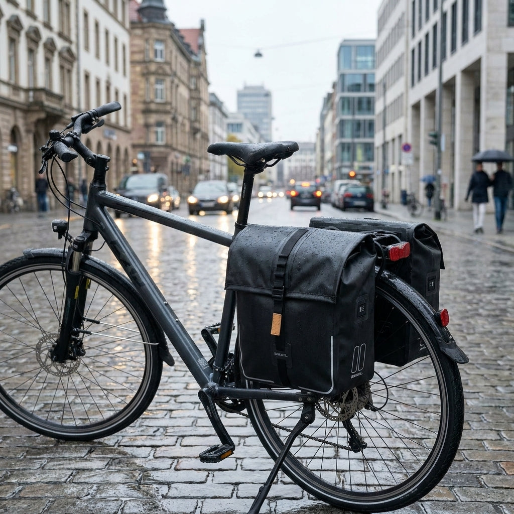 Schwarze wasserdichte Basil Urban Dry MIK 2.0 Doppeltasche (50L) am Fahrrad auf nasser Kopfsteinpflasterstraße in der Stadt.