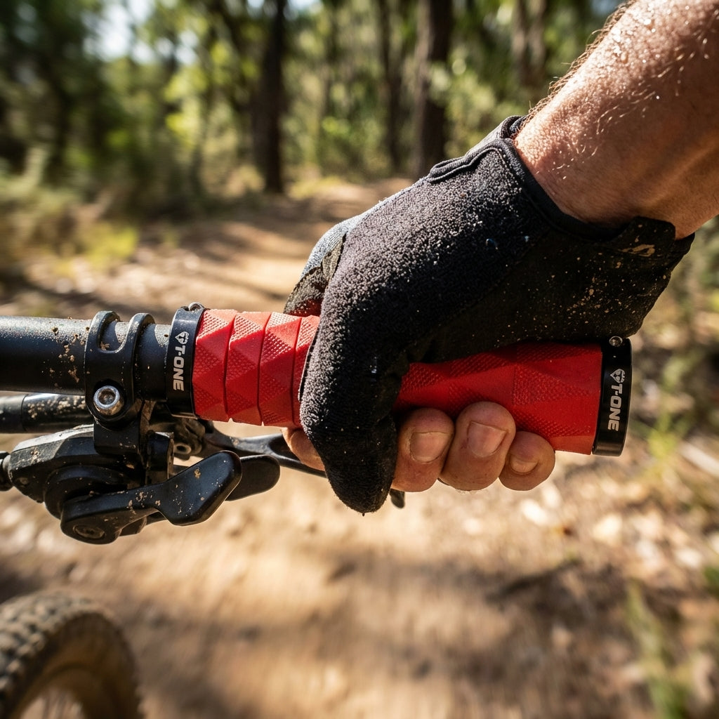 Hand in schwarzem Handschuh hält rote T-One Diamond MTB-Griffe mit Schraubensicherung auf Waldweg.