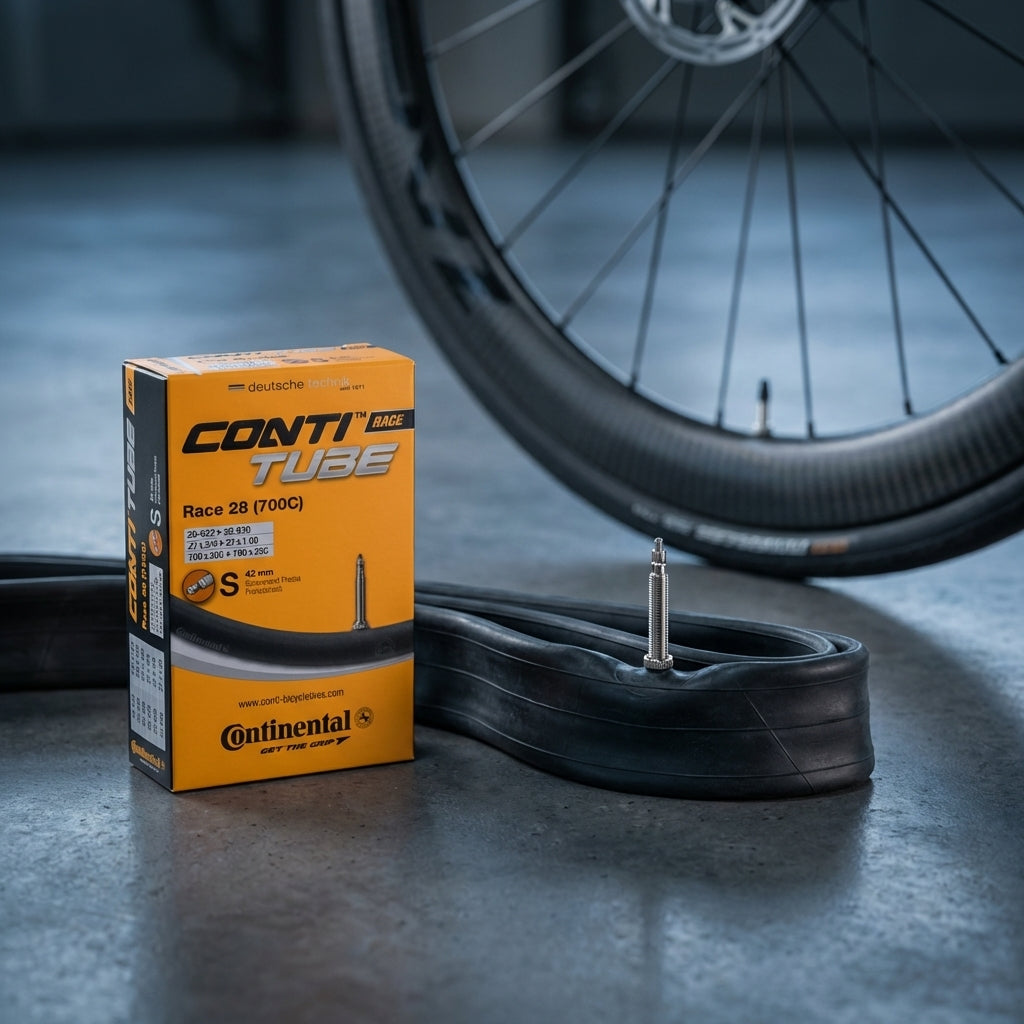 Continental Race 28 Rennradschlauch mit 42mm SV Ventil, Box und Carbon-Laufrad im Hintergrund.