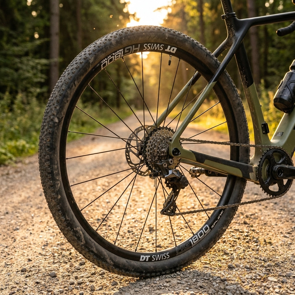 DT SWISS HG 1800 SPLINE 25 DB Hinterrad am E-Gravelbike auf Schotterweg. Robustes 28 Zoll Laufrad für Abenteuer & hohe Lasten.
