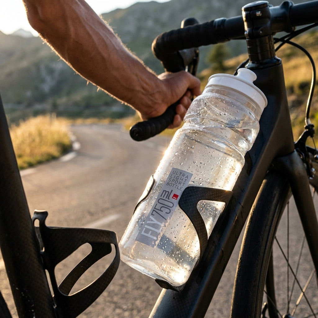 Elite Fly 750 ml klare Trinkflasche am Rennrad in Carbon-Flaschenhalter mit Tropfen auf Bergstraße.