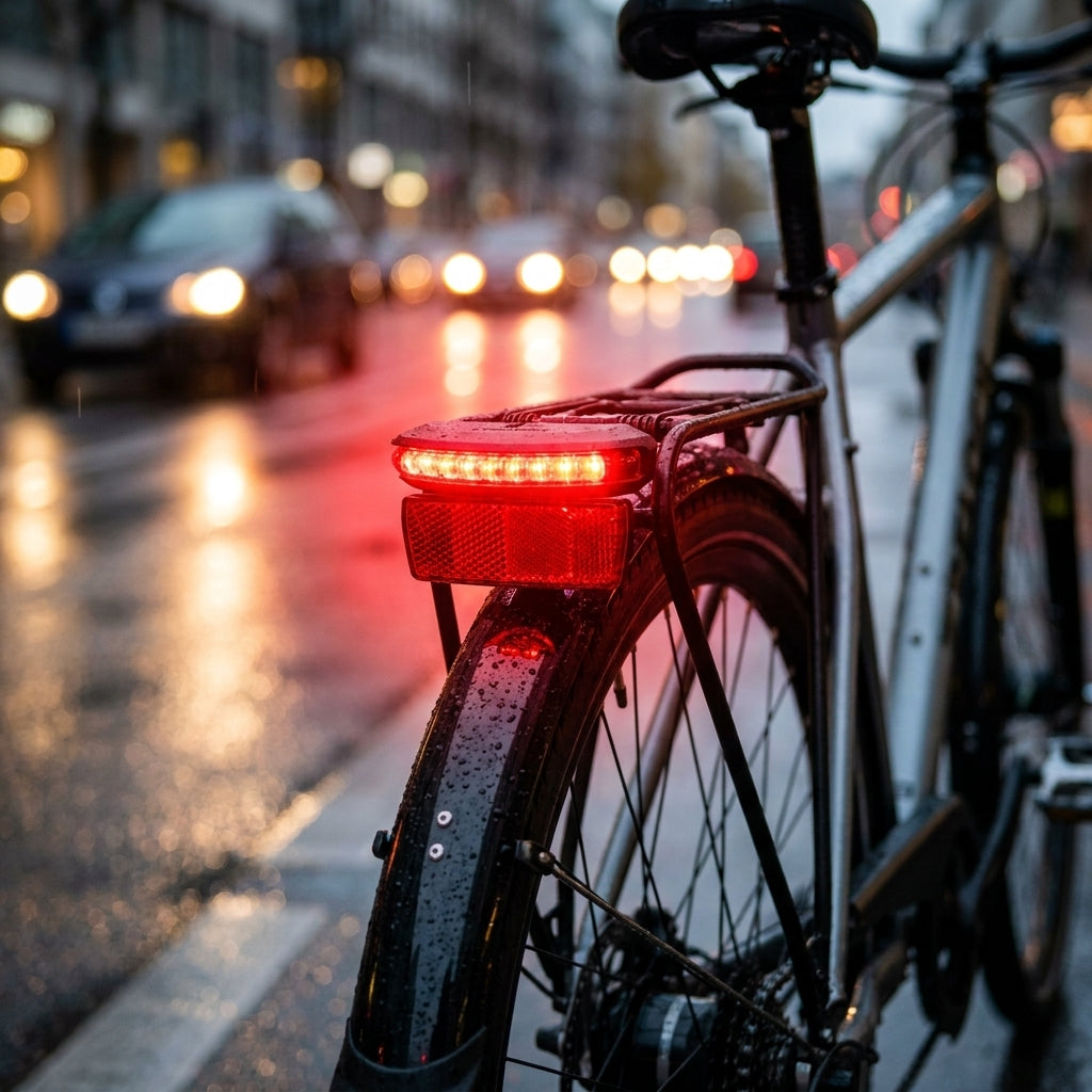 Trelock Dynamo Rücklicht LS 653 leuchtet am Fahrradheck im Regen, für optimale Sichtbarkeit.
