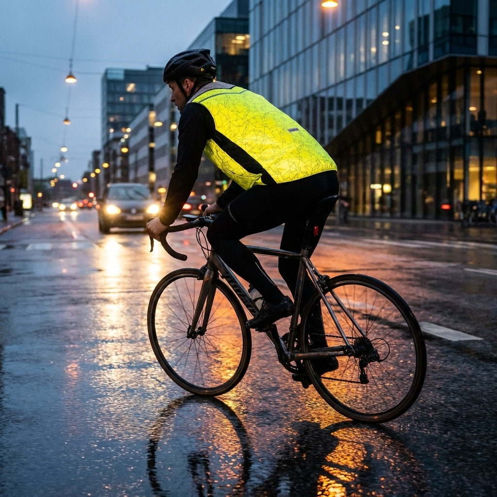 Wowow Sicherheitsweste Copenhagen reflektierend gelb an Radfahrer auf nasser Straße in der Stadt bei Nacht.