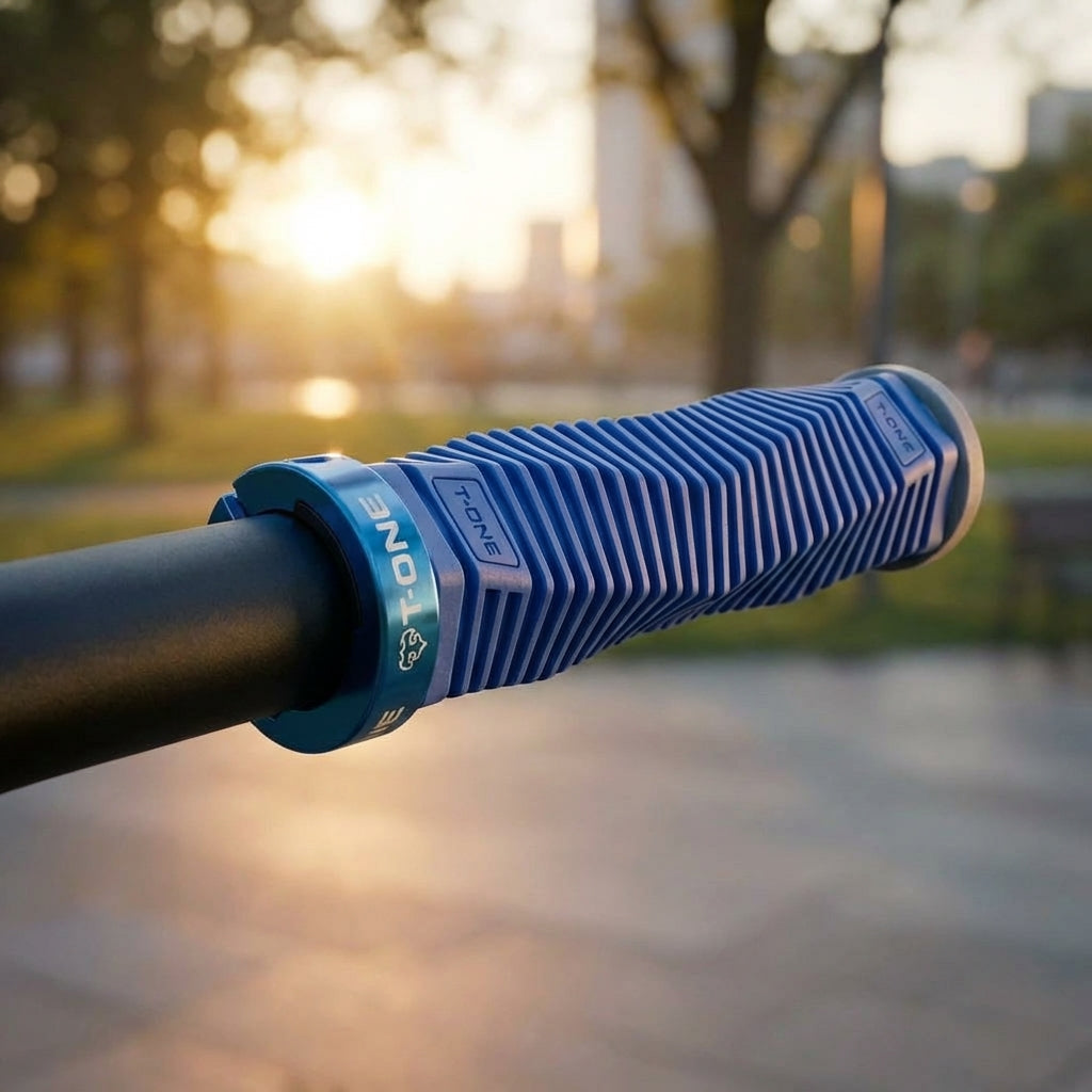 T-One DNA Fahrradgriffe in Blau-Grau mit ergonomischem TPR-Gummi und blauer Aluminium-Klemmung für festen Halt.