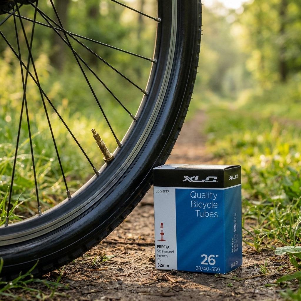 XLC Fahrradschlauch 26 x1.0/1.5 25/40-559 SV 32mm Verpackung neben Fahrradreifen auf Waldweg.