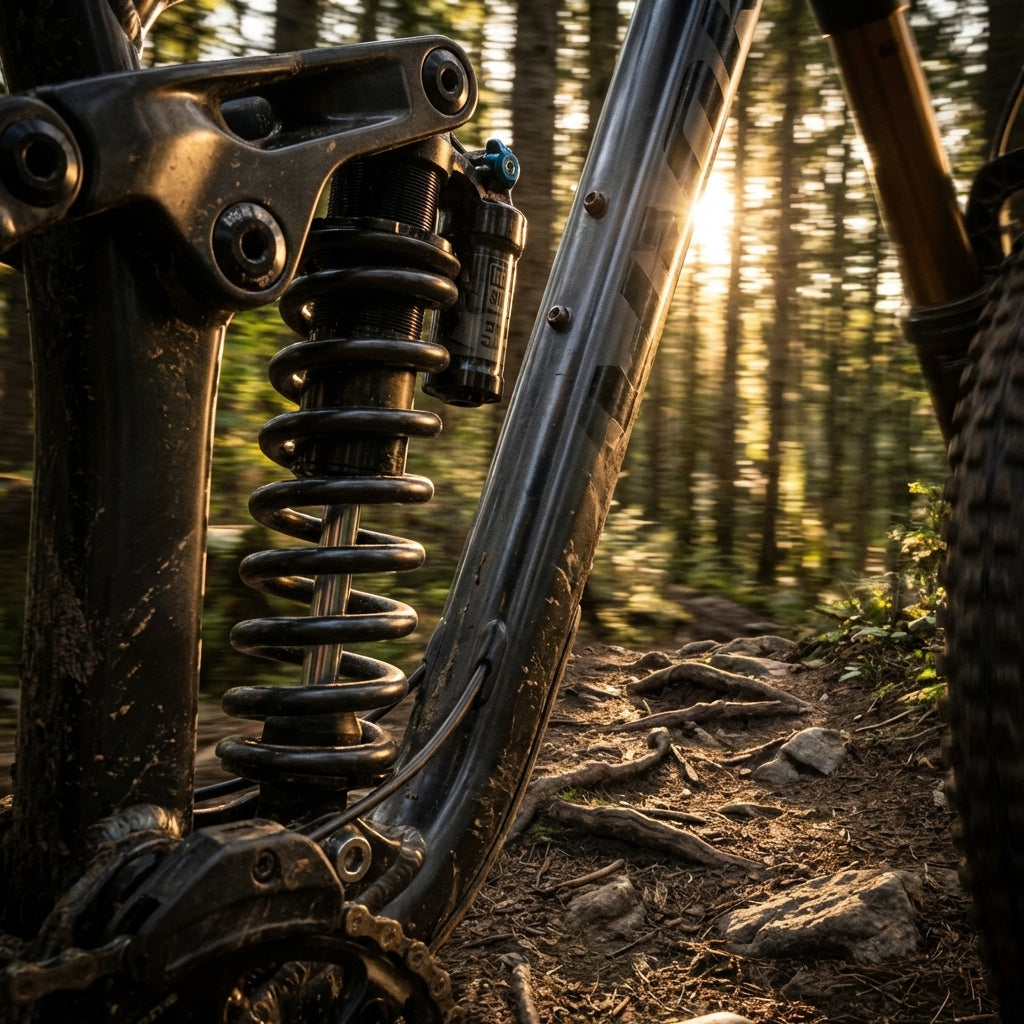 RockShox Metric Coil Feder 550LB am Mountainbike-Dämpfer auf wurzeligem Waldtrail bei Sonnenuntergang.