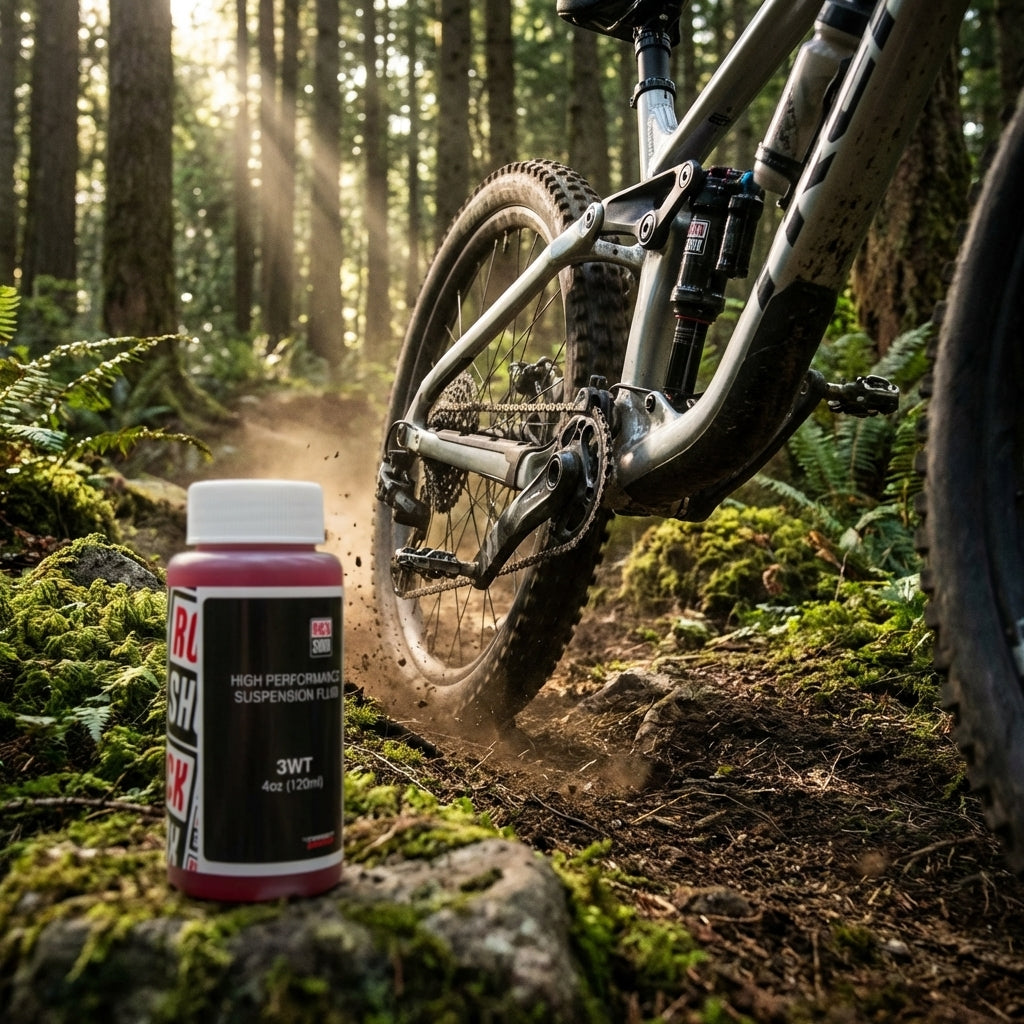 RockShox Dämpfungsöl 7wt 120ml Flasche auf Moos, Mountainbike-Hinterrad wirbelt auf Waldweg Dreck auf.